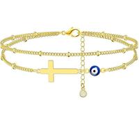 TOEECY Bracelet de Cheville Double Chaîne Oeil Portebonheur Multicolore Perles Colorées Bijou Cheville Femme Charme Protection