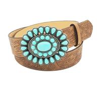 TOEECY Ceinture Femme Motif Floral Ovale Turquoise Boucle Ornementale Cuir Gravé Longueur 110cm Largeur 3.8cm Accessoire Tenue Quotidienne
