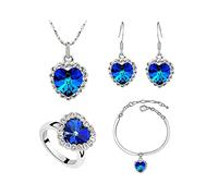TOEECY Ensemble Bijoux Cœur Cristal Brillant Collier Boucles D'oreilles Bracelet Bague Argenté Bleu Strass Élégant