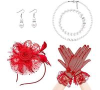 TOEECY Ensemble Bijoux Élégant Bibi Plumes Voilette Gants Dentelle Collier Bracelet Boucles Perles Accessoires Cérémonie Mariage