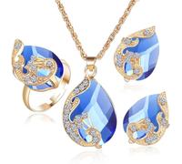 TOEECY Ensemble Bijoux Paon Cristal Goutte Eau Collier Boucles D'oreilles Bague Strass Brillant Plaqué Or Élégant Luxueux