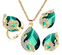 TOEECY Ensemble Bijoux Paon Cristal Goutte Eau Collier Boucles D'oreilles Bague Strass Brillant Plaqué Or Élégant Luxueux