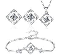 TOEECY Ensemble de Bijoux trefle 4 feuilles pour Femme Fille Plaqué Argent Zircon Cubique Boucles d'oreilles Collier Bracelet Set Weiß