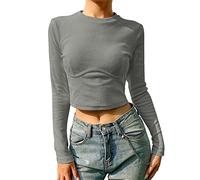 TOEECY Haut Court à Manches Longues Femme Col Rond Manche Longue Pull Basiques Ajusté Moulant Haut Sexy Sweatshirt Haut de Mode Couleur Unie Top Désinvolte Slim Fit T-Shirt (Gris)