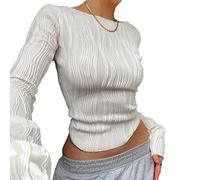 TOEECY Haut Court à Manches Longues Femme Col Rond Texturé Knit Manche Longue Pull Basiques Ajusté Moulant Haut Sexy Sweatshirt Haut de Mode Couleur Unie Top (Blanc,L)