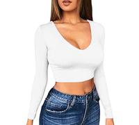 TOEECY Haut Court à Manches Longues Femme Sexy Col V Profond Knit Manche Longue Pull Court Basiques Ajusté Moulant Haut Sweatshirt Haut de Mode Couleur Unie Top Slim Fit T-Shirt (Blanc,L)