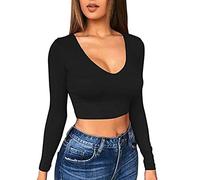 TOEECY Haut Court à Manches Longues Femme Sexy Col V Profond Knit Manche Longue Pull Court Basiques Ajusté Moulant Haut Sweatshirt Haut de Mode Couleur Unie Top Slim Fit T-Shirt (Noir,M)
