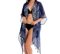 TOEECY Kimono Plage Femme Été Cache-Maillots et Sarongs Imprimé Mousseline Lâche Paréo Cardigan Bohème Tunique Élégant Robe de Plage Kimono Mode Châle Bikini Cover Up(Bleu Marine)