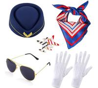 TOEECY Lot de 5 Accessoires Costume d'Hôtesse de l'air pour Femme Cosplay avec Gants, Lunettes, Écharpe, Broche, Béret pour Adultes et Événement à Thème