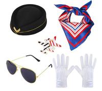 TOEECY Lot de 5 Accessoires Costume d'Hôtesse de l'air pour Femme Cosplay avec Gants, Lunettes, Écharpe, Broche, Béret pour Adultes et Événement à Thème