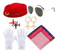 TOEECY Lot de 5 Accessoires Costume d'Hôtesse de l'air pour Femme Cosplay avec Gants, Lunettes, Écharpe, Broche, Béret pour Adultes et Événement à Thème