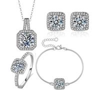 TOEECY Parure Bijoux Carrée Cristal Brillant Collier Boucles D'oreilles Bracelet Bague Ensemble Élégant Argenté