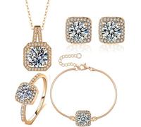 TOEECY Parure Bijoux Carrée Cristal Brillant Collier Boucles D'oreilles Bracelet Bague Ensemble Élégant Argenté