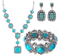TOEECY Parure Bijoux Turquoise Vintage Collier Bracelet Boucles D'oreilles Ensemble Géométrique Ethnique Bohème Artisanal