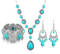 TOEECY Parure Bijoux Turquoise Vintage Collier Bracelet Boucles D'oreilles Ensemble Géométrique Ethnique Bohème Artisanal