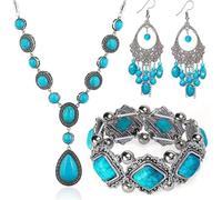 TOEECY Parure Bijoux Turquoise Vintage Collier Bracelet Boucles D'oreilles Ensemble Géométrique Ethnique Bohème Artisanal