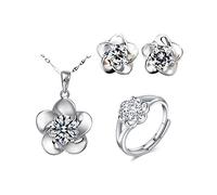 TOEECY Parure Ensemble de Bijoux Femme Plaqué Argent Boucles d'oreilles Collier en Forme de Fleur Bague Zircon Cubique Hypoallergénique Mariage Soirée Cadeau (Fleur de Prunier)