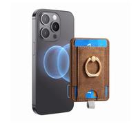 TOEECY Porte Carte Telephone Cartes Magnétique Portable Portefeuille à Coller avec Anneau de Doigt Rotatif Support Smartphone Amovible pour iPhone 16/15/14/13/12 Série Compatible(Brun)