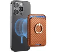 TOEECY Porte Carte Telephone Support Magnétique Téléphone Portable Portefeuille en Cuir Texturé Fibre Carbone pour iPhone 16/15/14/13/12 Série Compatible(Brun)