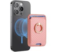 TOEECY Porte Carte Telephone Support Magnétique Téléphone Portable Portefeuille en Cuir Texturé Fibre Carbone pour iPhone 16/15/14/13/12 Série Compatible(Rose)