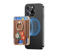 TOEECY Porte Cartes Magnétique avec Anneau de Doigt Rotatif Élégant et Raffiné en Cuir PU à Fleurs Adapté Aux Séries iPhone 16/15/14/13/12(Brun)
