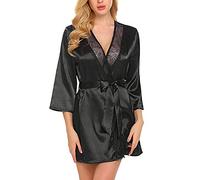 TOEECY Robe de Chambre Femme Satin Peignoir Kimono Manches 34 avec Ceinture Vêtement de Nuit Élégant Chemise de Nuit Confortable Pyjama pour Toutes Saisons