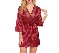 TOEECY Robe de Chambre Femme Satin Peignoir Kimono Manches 34 avec Ceinture Vêtement de Nuit Élégant Chemise de Nuit Confortable Pyjama pour Toutes Saisons