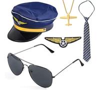 TOEECY Set Accessoires Costume Capitaine Pilote Homme Casquette, Insigne, Cravate, Bretelles, Lunettes de Soleil Parfait pour les Fêtes Masque et Cosplay Hommes Adultes