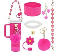 TOEECY Stanley Cup Accessoires 7 Pièces Comprenant Une Sangle de Poignée Couvercles en Paille des Étuis Silicone pour Gobelets 1200 ml et 850 ml Tasses Non Incluses (Rose foncé)