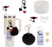 TOEECY Stanley Cup Accessoires 8 Pièces Couvertures en Paille Réutilisables Étuis Silicone Porte Clés Pendentifs pour Tasse 30 oz 40oz Cups Non Incluses (Noir)