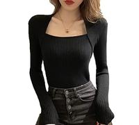 TOEECY T-Shirt à Manches Longues Femme Faux Deux Pièces Col en U Knit Manche Longue Pull Basiques Ajusté Moulant Haut Sexy Sweatshirt Haut de Mode Couleur Unie Top Automne (Noir)