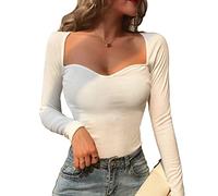 TOEECY T-Shirt à Manches Longues Femme Sexy Haut Col Carré Côtelé Basiques Pull en Tricot Ajusté Moulant Haut Chemise Mode Couleur Unie Slim Fit Rib Top (Blanc)
