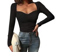 TOEECY T-Shirt à Manches Longues Femme Sexy Haut Col Carré Côtelé Basiques Pull en Tricot Ajusté Moulant Haut Chemise Mode Couleur Unie Slim Fit Rib Top (Noir)