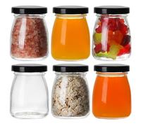 TOEKSIX Lot de 6 petits bocaux à yaourt en verre de 100 ml avec couvercles noirs - Mini bouteilles en verre de lait pour pudding - Bocaux de rangement en verre pour dragées de fête