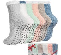Toes Home Lot de 5/6 Paires de Chaussettes Antidérapantes Moelleuses et Chaudes Avec Poignées - Douces et Confortables Pour Femmes et Filles
