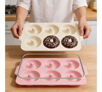 Toeusog Moule Donuts Silicone 2-Pièces: 6 Cavités 10,2cm Grand Moule à Beignets avec Poignées pour Four - Antiadhésif Grande Moules en Forme de Donut pour Cuisine - Moule Bagels sans BPA (Rose&Beige)