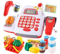 TOEY PLAY 39PCS Caisse Enregistreuse Enfants Jouet avec Scanner, Microphone, Son et Lumière, Aliments Jouets Supermarché, Commerçant Marchande Jeux Cadeaux pour Enfants 3+ Ans