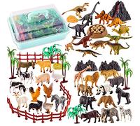 TOEY PLAY Jouet Figurines Animaux de la Ferme, Créatures Sauvages, Dinosaure Jouets, 56 Pièces Mini Animaux Figure Ensemble de Jouets avec Malette, Jeux Cadeau pour Enfants 3 4 5 Ans