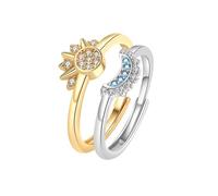 TOFBS 2Pcs Bague Soleil Lune Plaqué Or Bague en Argent Ajustable Scintillant Soleil Lune Bague avec Zirconium Promesse Couple Bagues Amitié Bijoux pour Femme argent+or