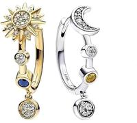 TOFBS 2pcs Boucles D'oreilles Soleil Et Lune Asymétriques en Argent S925 avec Zircons Scintillants Pendentifs Célestes Plaqués Or