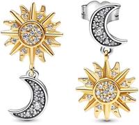 TOFBS 2pcs Boucles D'oreilles Soleil Et Lune Asymétriques en Argent S925 avec Zircons Scintillants Pendentifs Célestes Plaqués Or