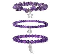 TOFBS 3 Pièces Bracelet Améthyste Naturelle avec Pendentifs Étoile Lune Aile Ensemble Bracelets Pierre Précieuse Cristal Violet
