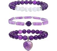 TOFBS 3 Pièces Bracelet Améthyste Naturelle Quartz Rose Cœur Pendentif Cristal Bijoux Femme Élégant Ensemble Pierre Précieuse