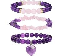 TOFBS 3 Pièces Bracelet Améthyste Naturelle Quartz Rose Cœur Pendentif Cristal Bijoux Femme Élégant Ensemble Pierre Précieuse