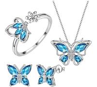 TOFBS 3 Pièces Ensemble Bijoux Papillon Cristal Améthyste Collier Boucles D'oreilles Bague Femme Bijouterie Élégante Argent Brillant