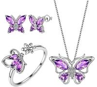 TOFBS 3 Pièces Ensemble Bijoux Papillon Cristal Améthyste Collier Boucles D'oreilles Bague Femme Bijouterie Élégante Argent Brillant