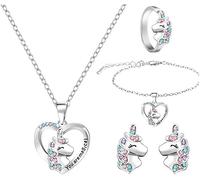 TOFBS 5 Pièces Parure Bijoux Licorne Coeur Cristal Multicolore Collier Bague Bracelet Boucles D'oreilles Ensemble Argenté Fantaisie Féminin Élégant