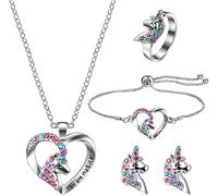 TOFBS 5 Pièces Parure Bijoux Licorne Coeur Cristal Multicolore Collier Bague Bracelet Boucles D'oreilles Ensemble Argenté Fantaisie Féminin Élégant