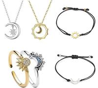 TOFBS 6 Pièces Parure de Bijoux Soleil Lune Bague Collier Bracelet Ensemble Plaqué Or Argent Ajustable Scintillant Collier Lune Soleil Promesse Bagues Bijoux pour Femmes Filles Amis Couple SETA