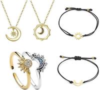 TOFBS 6 Pièces Parure de Bijoux Soleil Lune Bague Collier Bracelet Ensemble Plaqué Or Argent Ajustable Scintillant Collier Lune Soleil Promesse Bagues Bijoux pour Femmes Filles Amis Couple SETB